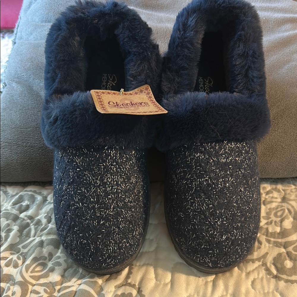 Skechers Navy Fuzzy Slippers